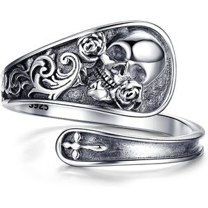 Beautiful Pretty Little Poison Vintage 18k 925 Skull with Roses Spoon Wrap Ring